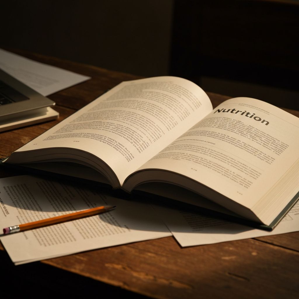 Open scientific books and research papers on a wooden desk representing academic study