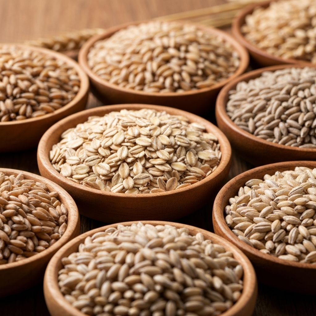 Whole grains including wheat, oats and rye in wooden bowls