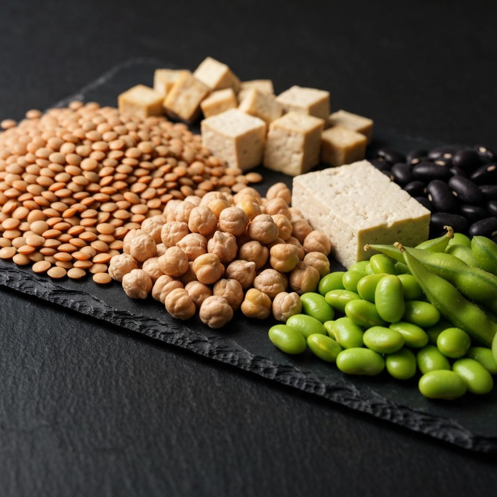 Plant-based protein foods including lentils, chickpeas and beans