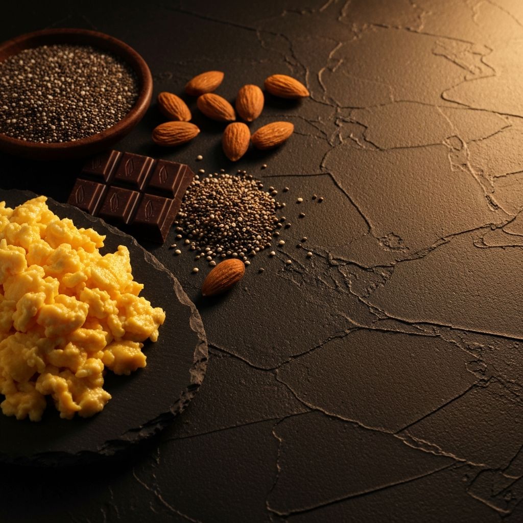 Protein-rich foods including eggs, legumes and nuts